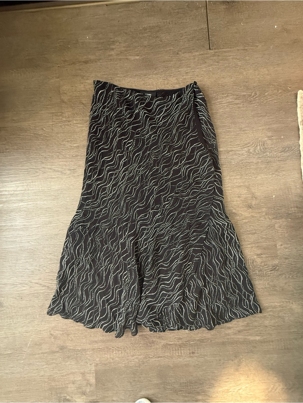 Black Patterned Flowing Silk A-Line Skirt